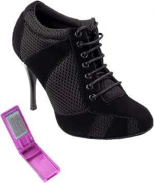 Very Fine Dance Shoes - Heel Dance Sneakers Latin Tango Salsa Dance Shoes for Women - 705LEDSS - 3.5-inch Heel and Foldable Brush Bundle - Black Nubuck - Black Knit Mesh - 5.5