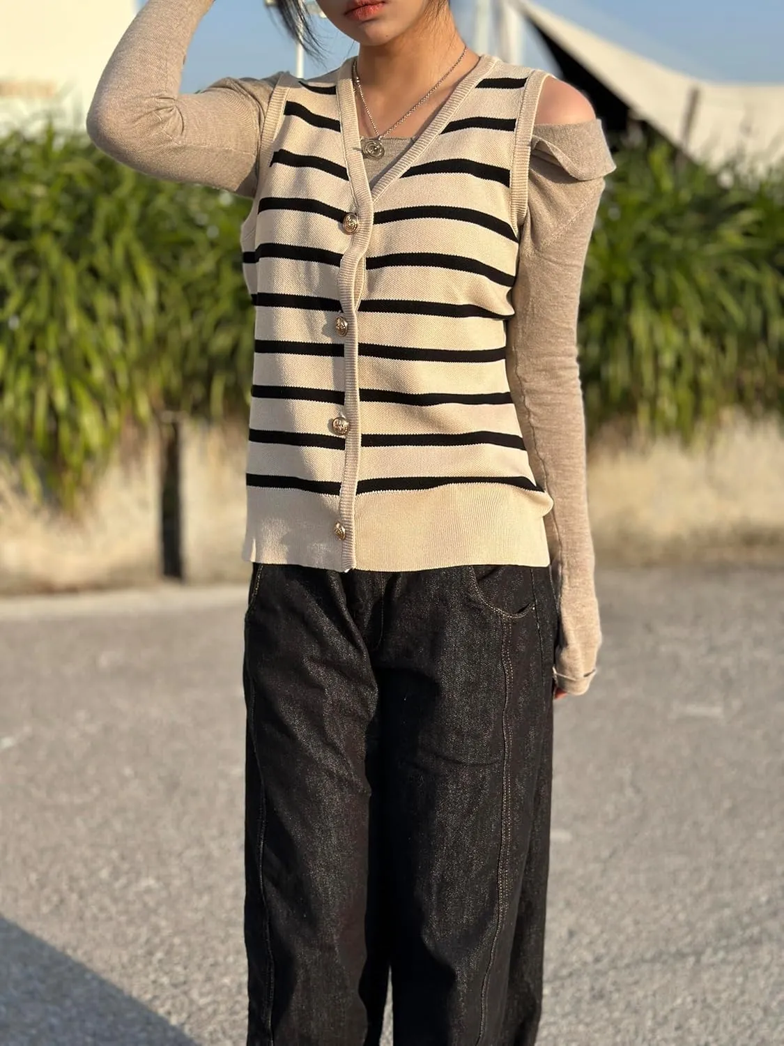 Vest Tops For Women Striped Sweater Vests Striped 2024 Fall Crochet Cropped Button Up Work Tank Top Outfits M-XL
