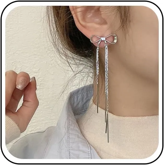Vintage Bow Chain Tassel Earrings Gold Bow Stud Earrings Long Fringe Chain Dangle Earrings Long Tassel Chain Full Earrings for Women
