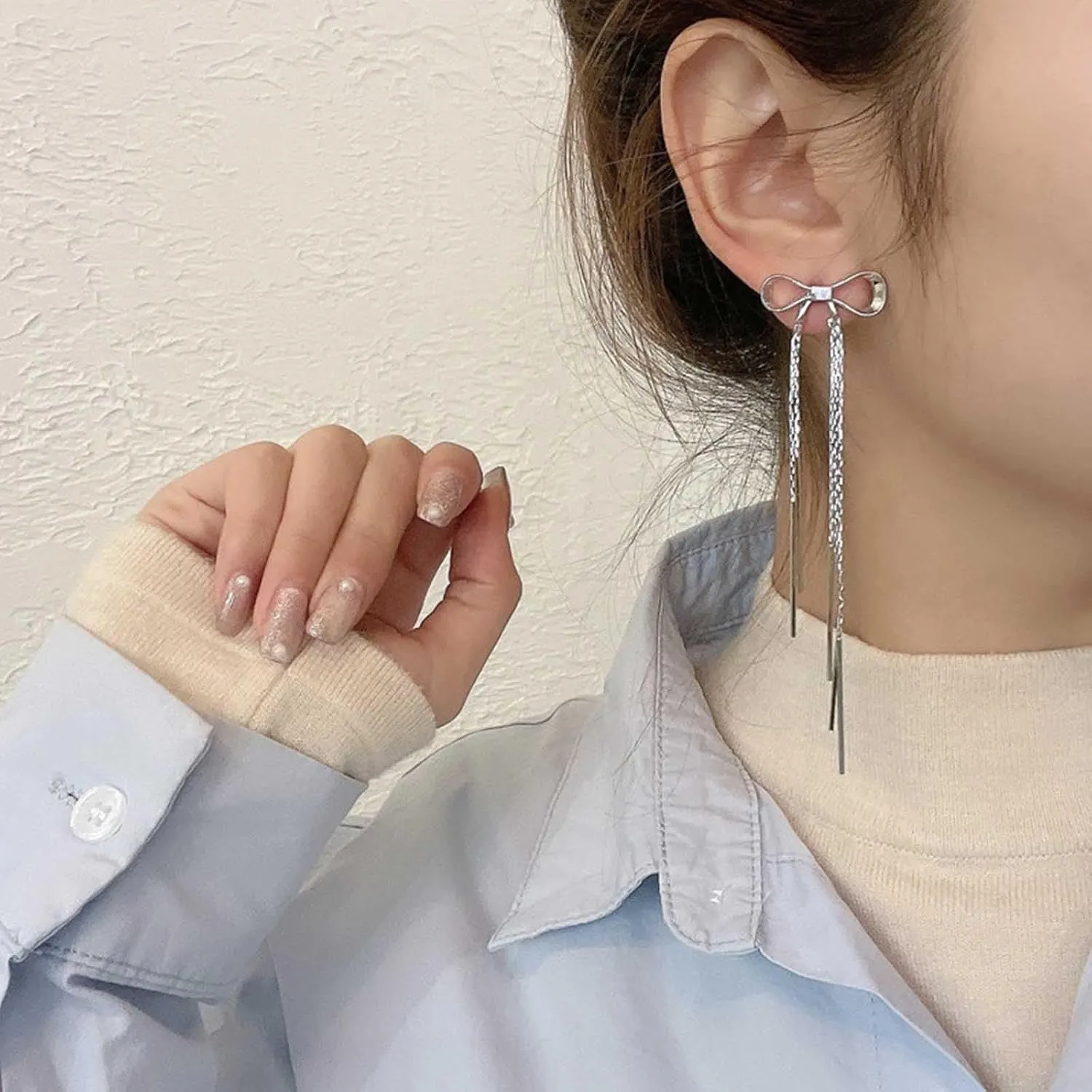 Vintage Bow Chain Tassel Earrings Gold Bow Stud Earrings Long Fringe Chain Dangle Earrings Long Tassel Chain Full Earrings for Women