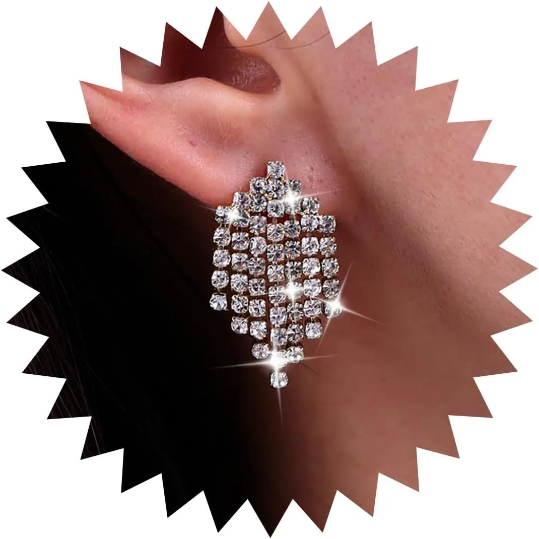 Vintage Crystal Chandelier Earrings Gold Crystal Tassel Earrings Rhinestone Tennis Chain Earrings Cz Fringe Chain Earrings Jewelry for Women