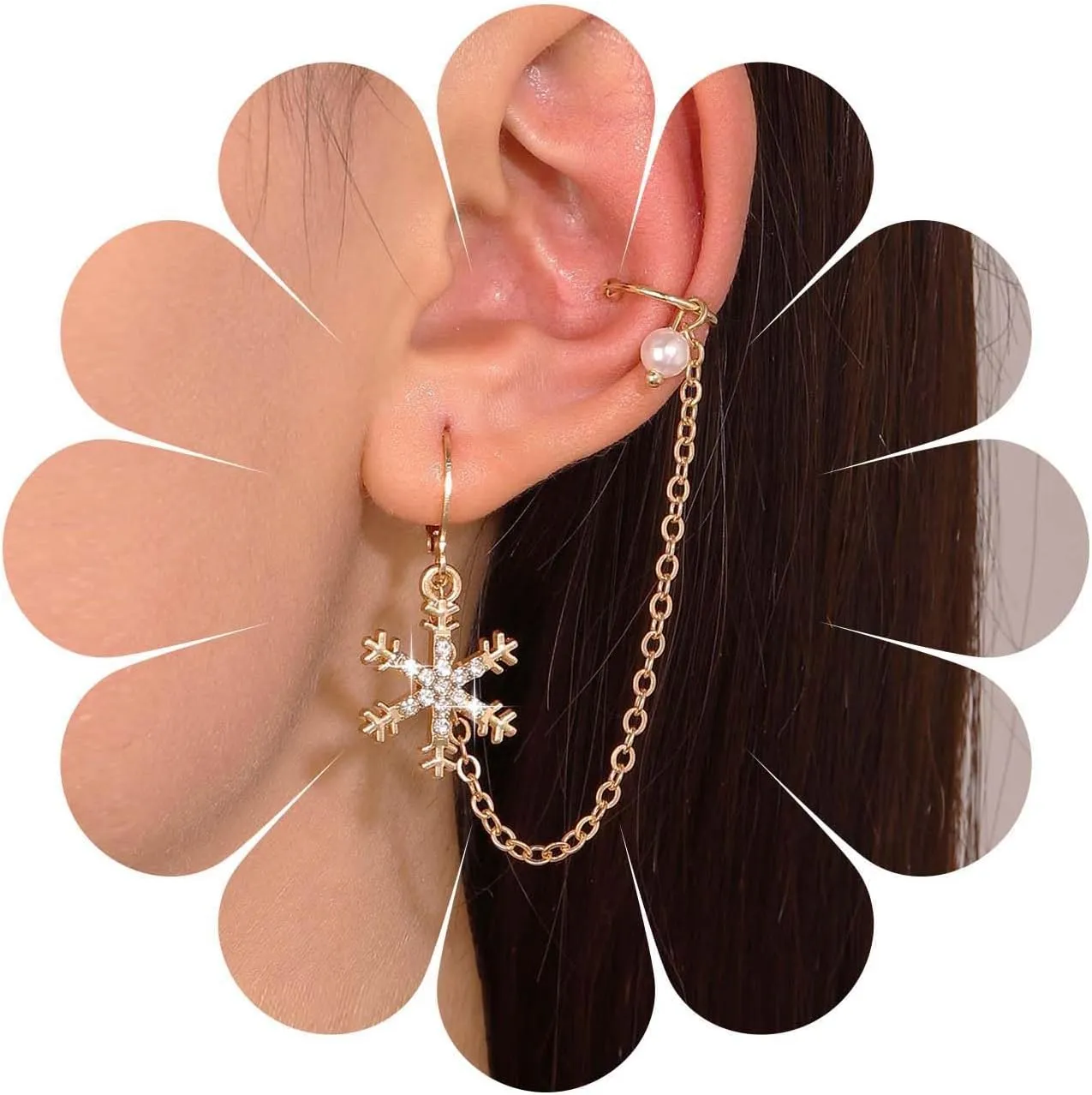 Vintage Crystal Snowflake Dangle Earrings Snowflake Chain Tassel Wrap Crawler Earrings Snowflake Ear Cartilage Earrings Gold Pearl Ear Cuff Earrings Jewelry for Women (Gold)
