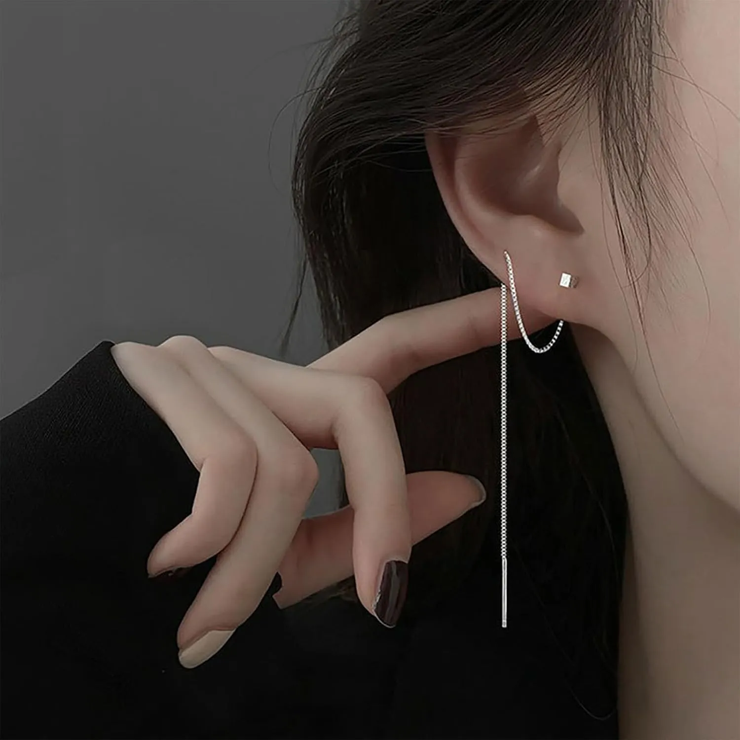 Vintage Long Chain Dangle Earrings Cube Ear Threader Earrings Silver Chain Threader Earrings Sleek Chain Drop Earrings Chain Thread Through Earrings Jewelry for Women(Cube)