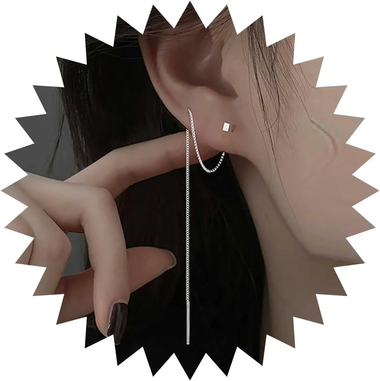 Vintage Long Chain Dangle Earrings Cube Ear Threader Earrings Silver Chain Threader Earrings Sleek Chain Drop Earrings Chain Thread Through Earrings Jewelry for Women(Cube)
