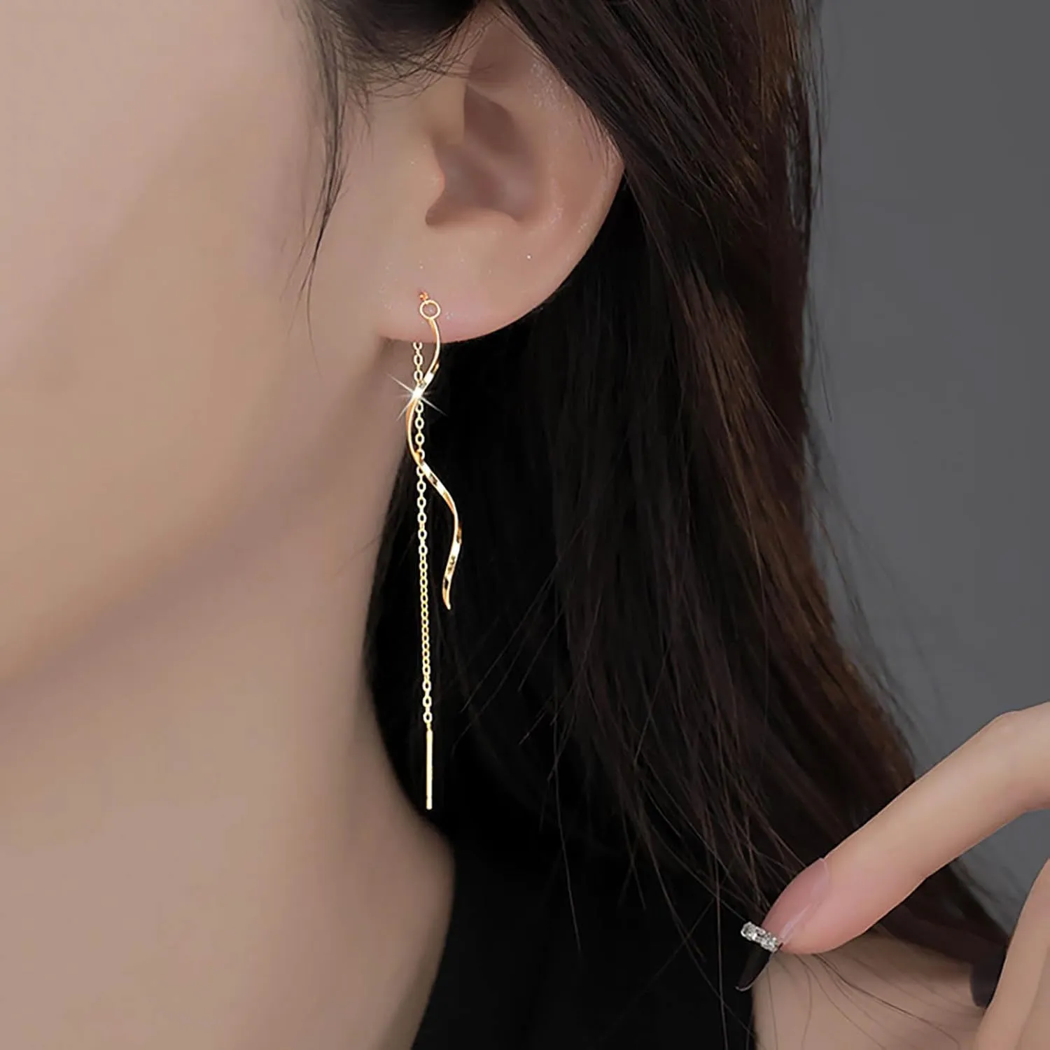 Vintage Spiral Threader Earrings Long Threader Chain Earrings Gold Threader Chain Dangle Earrings Chain Tassel Threader Earrings Twisted Linear Drop Earrings