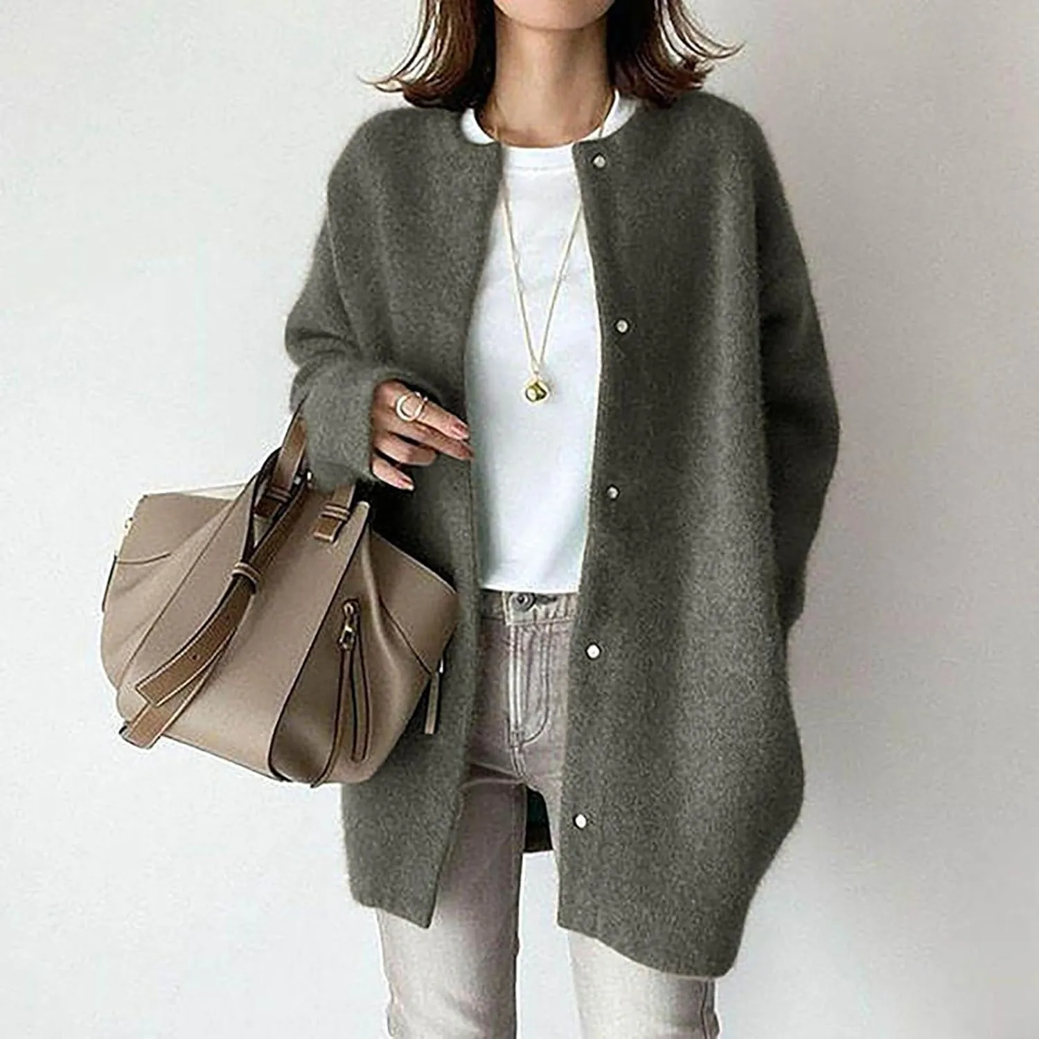 Warm Cardigans for Women Women's Korean Wool Coat Slim Trench Long Coat Fall Winter Elegant Round Ladies Short