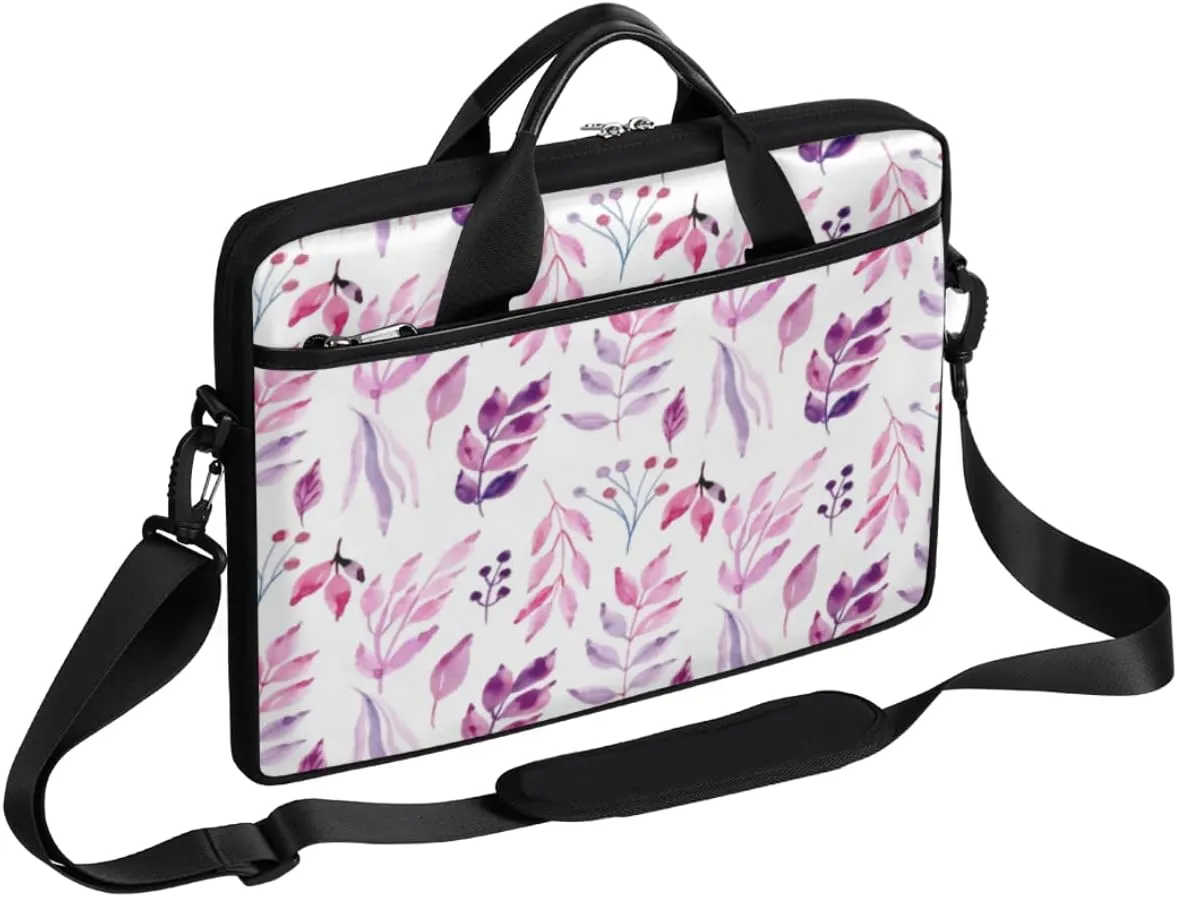 Watercolor Leaves Pattern Laptop Shoulder Messenger Bag Waterproof Laptop Briefcase with Handle and Padded Strap Case Sleeve for 13 13.3 14 15.6 Inch Laptop Case
