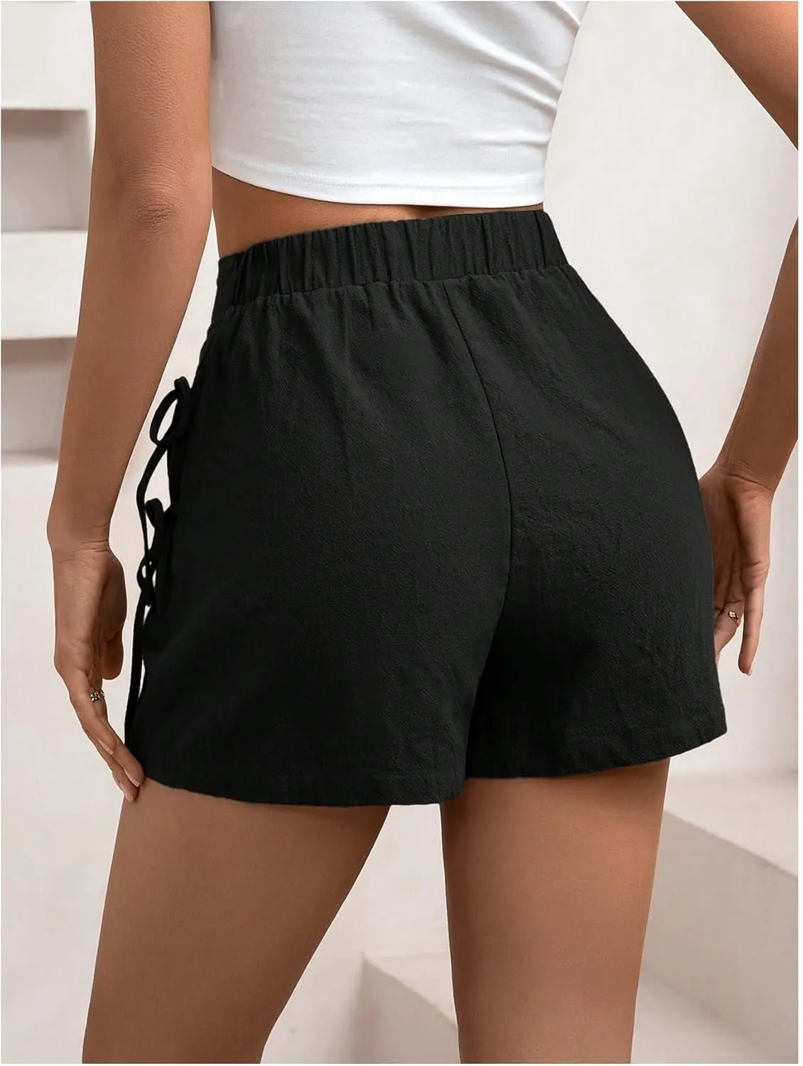 WDIRARA Women's Summer Linen Shorts Side Tie Elastic High Waist Skorts Casual Wrap Skirt