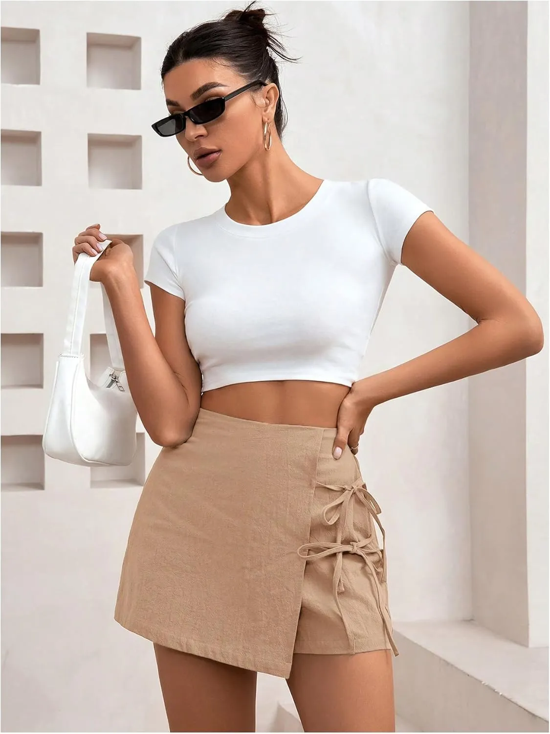 WDIRARA Women's Summer Linen Shorts Side Tie Elastic High Waist Skorts Casual Wrap Skirt