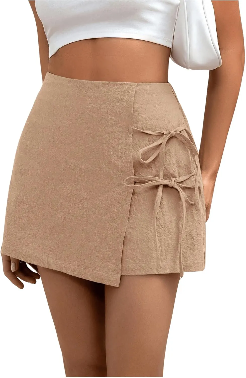 WDIRARA Women's Summer Linen Shorts Side Tie Elastic High Waist Skorts Casual Wrap Skirt