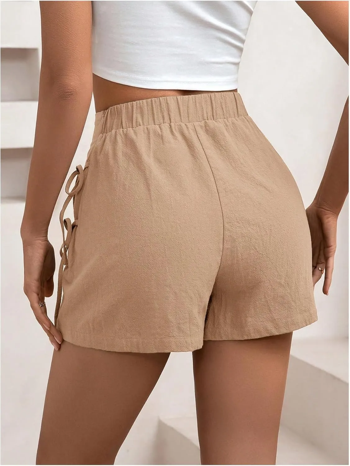 WDIRARA Women's Summer Linen Shorts Side Tie Elastic High Waist Skorts Casual Wrap Skirt