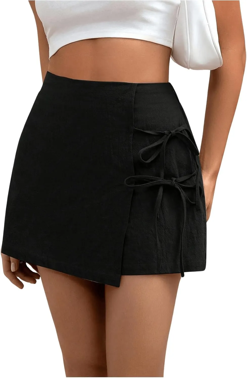 WDIRARA Women's Summer Linen Shorts Side Tie Elastic High Waist Skorts Casual Wrap Skirt