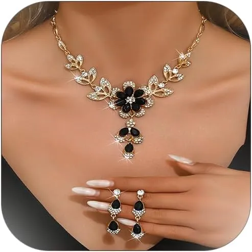 Wedding Jewelry Sets for Brides Rhinestone Necklace and Earring Set Bracelet Ring Gold Silver Prom Jewelry Sets Diamond Flower Teardrop Necklace for Women