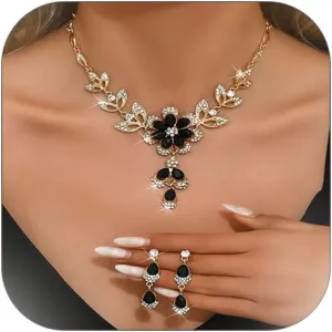 Wedding Jewelry Sets for Brides Rhinestone Necklace and Earring Set Bracelet Ring Gold Silver Prom Jewelry Sets Diamond Flower Teardrop Necklace for Women