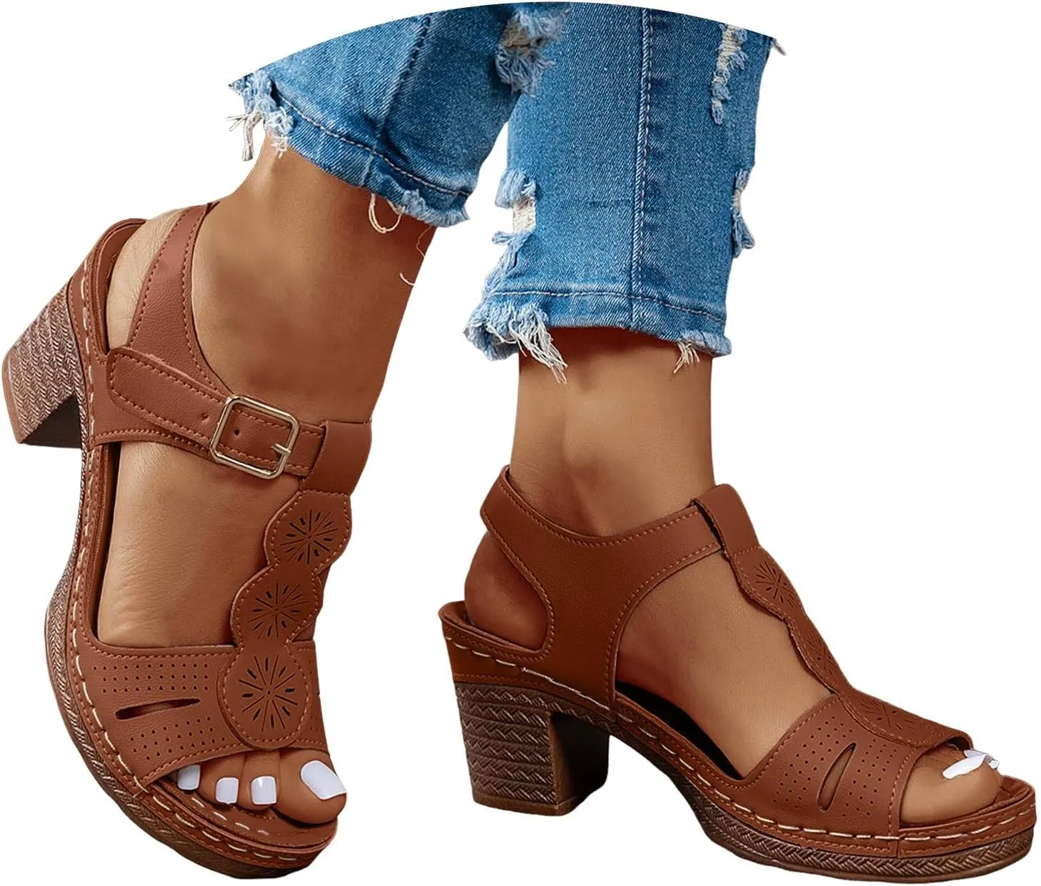 Wedge Sandals for Women Adjustable Ankle Buckle Women's Heels Open Toe Block Heeled Classic Pumps Shoes