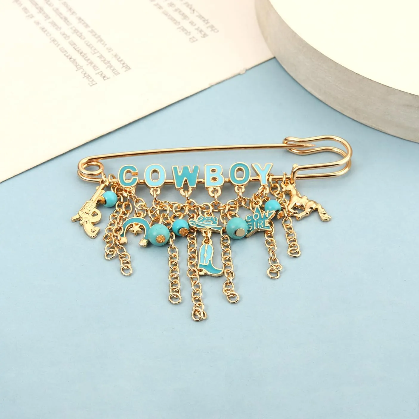 Western Cowboy Safety Pins Brooches Rodeo Boot Hat Horse Horseshoe Beads Charms Pins West Country Concert Party Brooch Jewelry for Skirts Sweater Scarf Lapel Hat Accessories