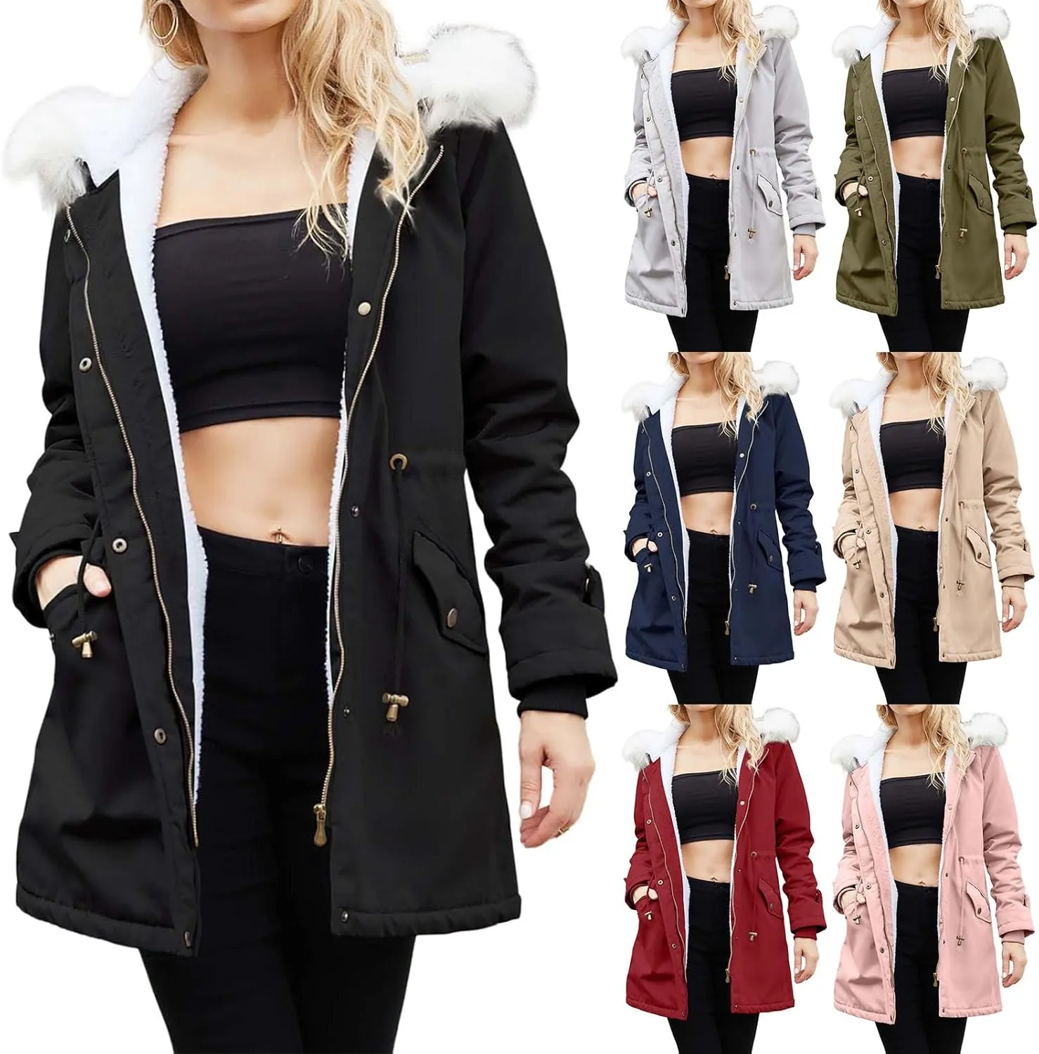 Winter Jackets for Women Mid-Length Trench Coat Fleece Lined Jackets Warm Winter Coats Outwear with Faux Fur Hooded