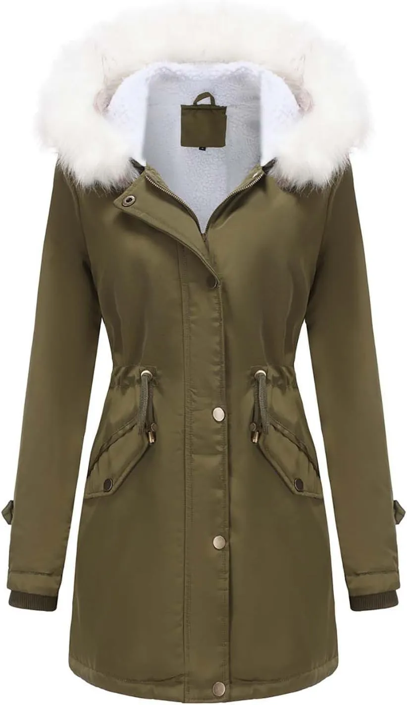 Winter Jackets for Women Mid-Length Trench Coat Fleece Lined Jackets Warm Winter Coats Outwear with Faux Fur Hooded