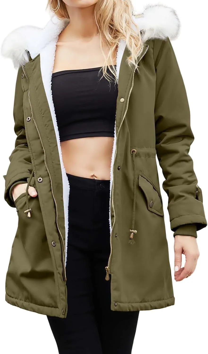 Winter Jackets for Women Mid-Length Trench Coat Fleece Lined Jackets Warm Winter Coats Outwear with Faux Fur Hooded