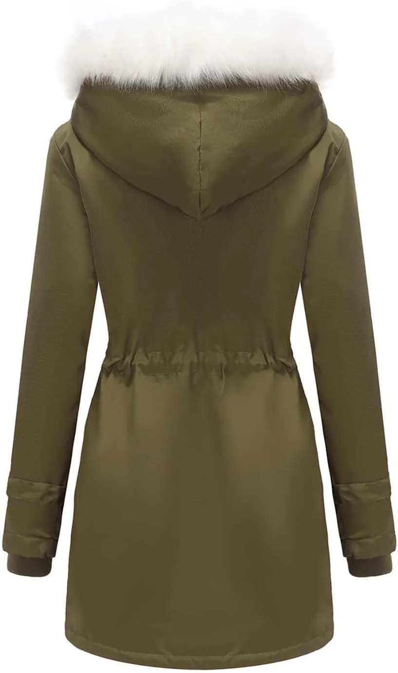 Winter Jackets for Women Mid-Length Trench Coat Fleece Lined Jackets Warm Winter Coats Outwear with Faux Fur Hooded