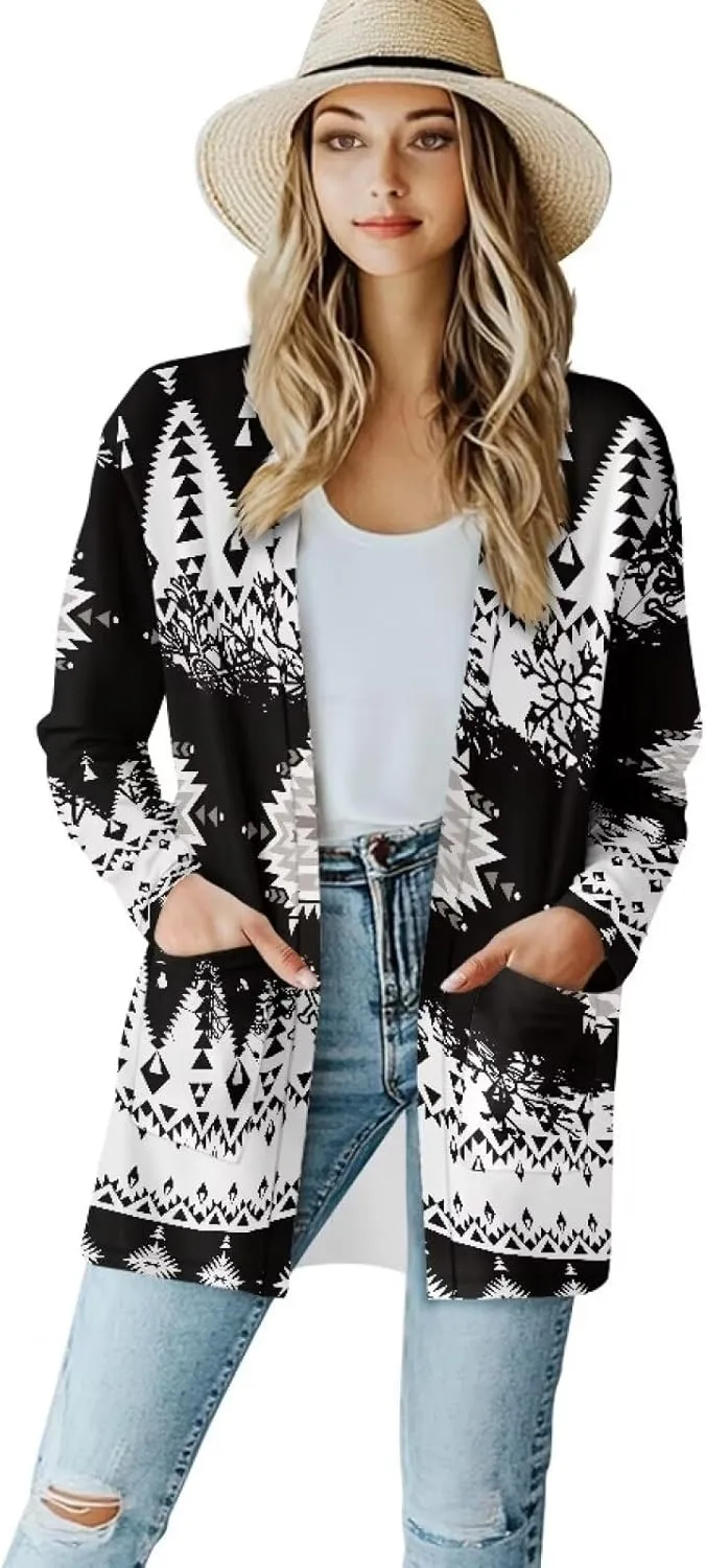 Woman Western Style Aztec Cardigan Long Sleeve Geometric Aztec Print Casual Lightweight Open Front Cardigan Coat