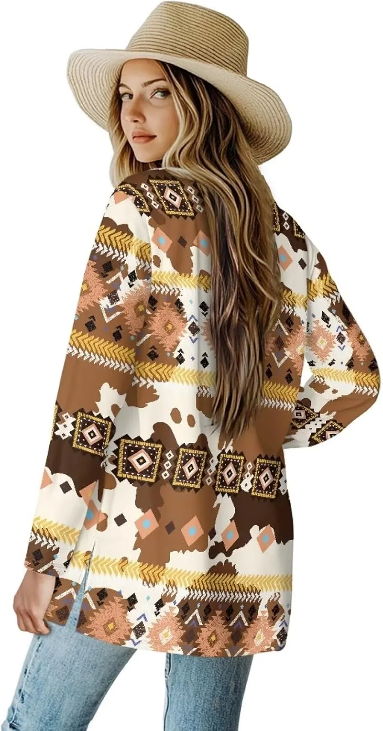 Woman Western Style Aztec Cardigan Long Sleeve Geometric Aztec Print Casual Lightweight Open Front Cardigan Coat