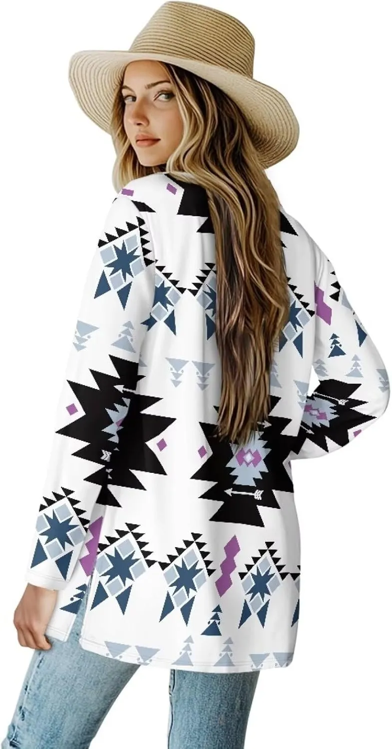 Woman Western Style Aztec Cardigan Long Sleeve Geometric Aztec Print Casual Lightweight Open Front Cardigan Coat