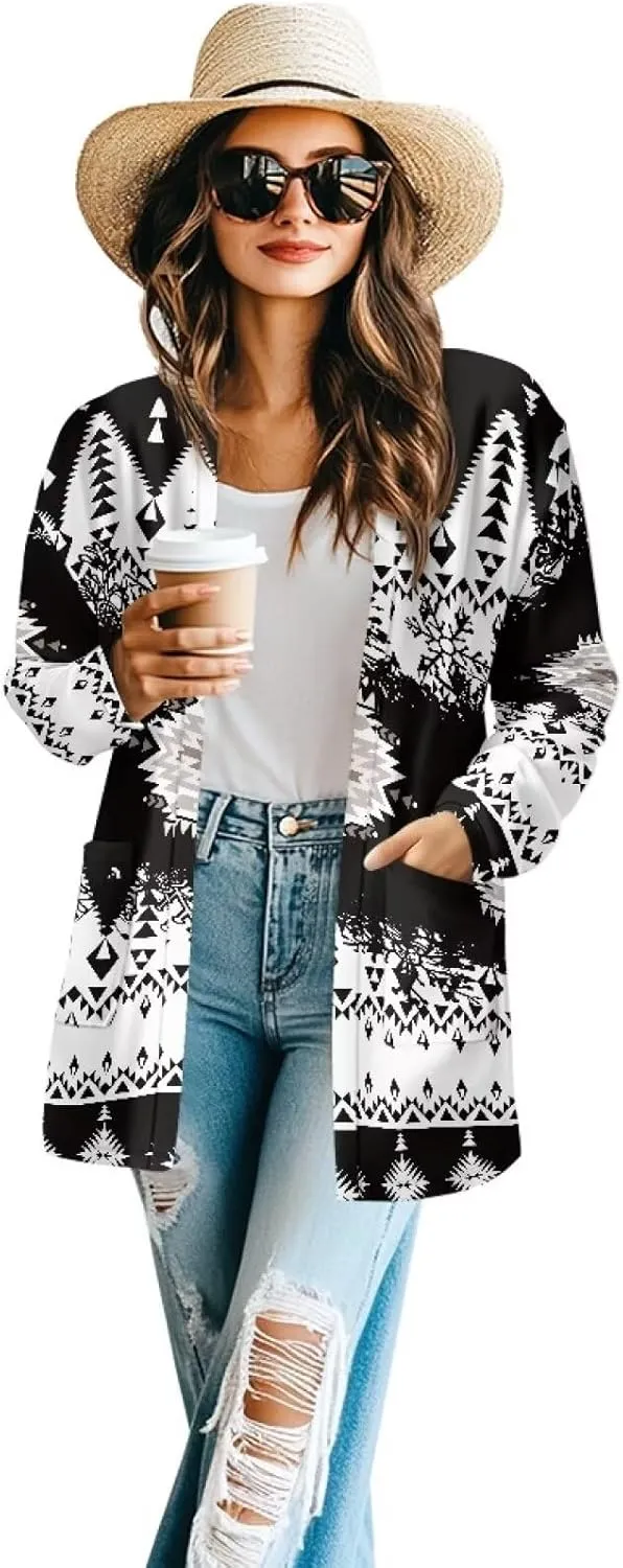 Woman Western Style Aztec Cardigan Long Sleeve Geometric Aztec Print Casual Lightweight Open Front Cardigan Coat