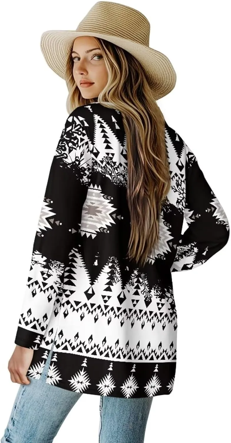 Woman Western Style Aztec Cardigan Long Sleeve Geometric Aztec Print Casual Lightweight Open Front Cardigan Coat