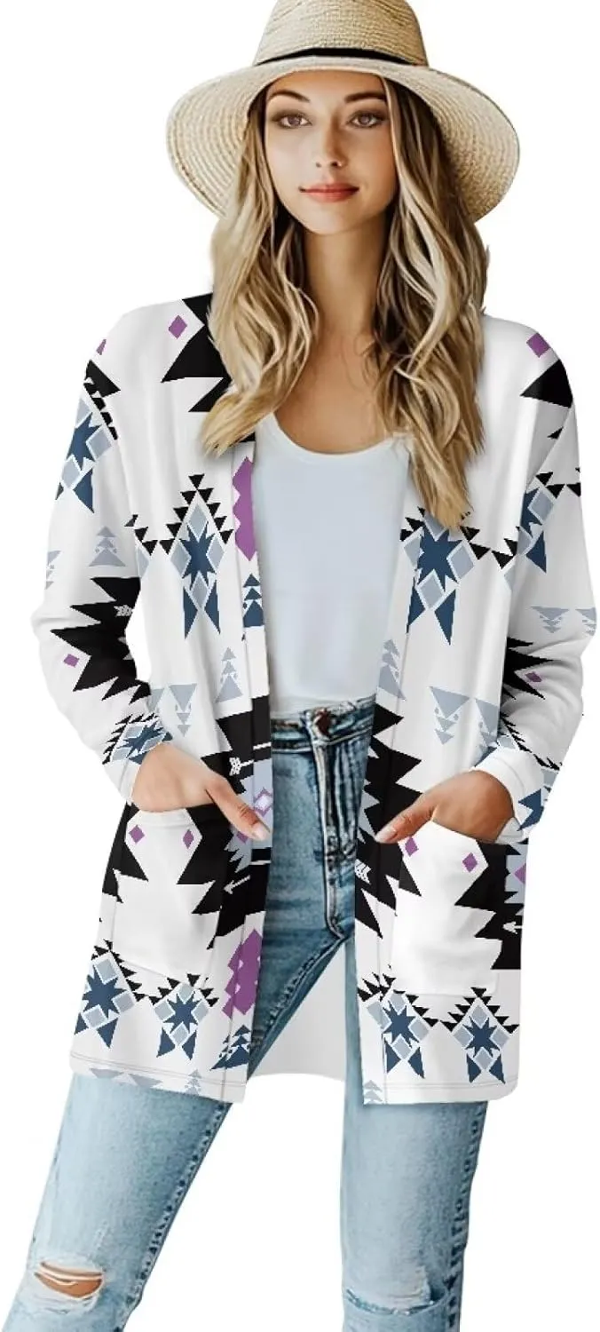 Woman Western Style Aztec Cardigan Long Sleeve Geometric Aztec Print Casual Lightweight Open Front Cardigan Coat