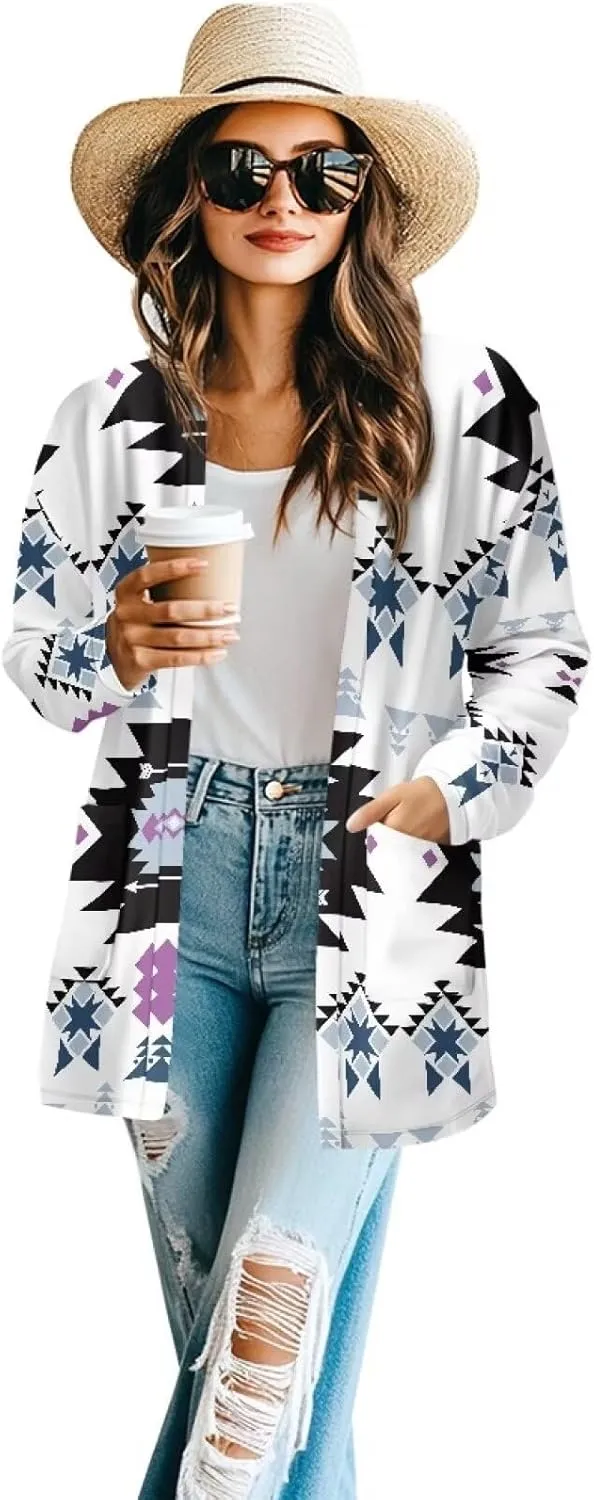 Woman Western Style Aztec Cardigan Long Sleeve Geometric Aztec Print Casual Lightweight Open Front Cardigan Coat