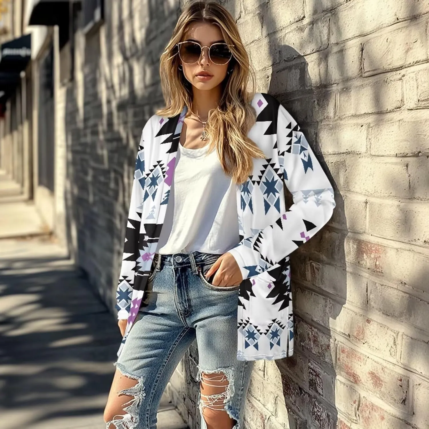 Woman Western Style Aztec Cardigan Long Sleeve Geometric Aztec Print Casual Lightweight Open Front Cardigan Coat