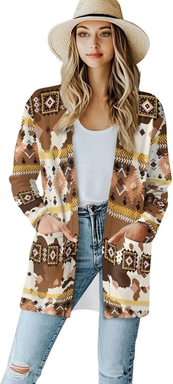 Woman Western Style Aztec Cardigan Long Sleeve Geometric Aztec Print Casual Lightweight Open Front Cardigan Coat