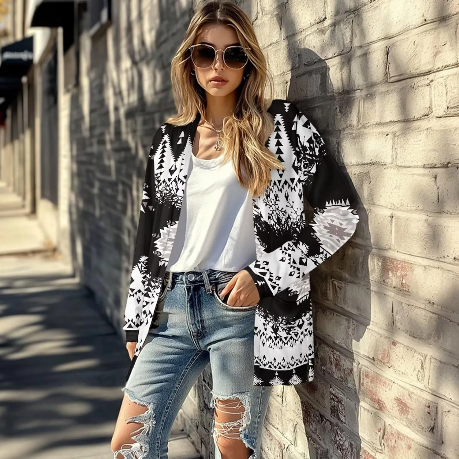 Woman Western Style Aztec Cardigan Long Sleeve Geometric Aztec Print Casual Lightweight Open Front Cardigan Coat