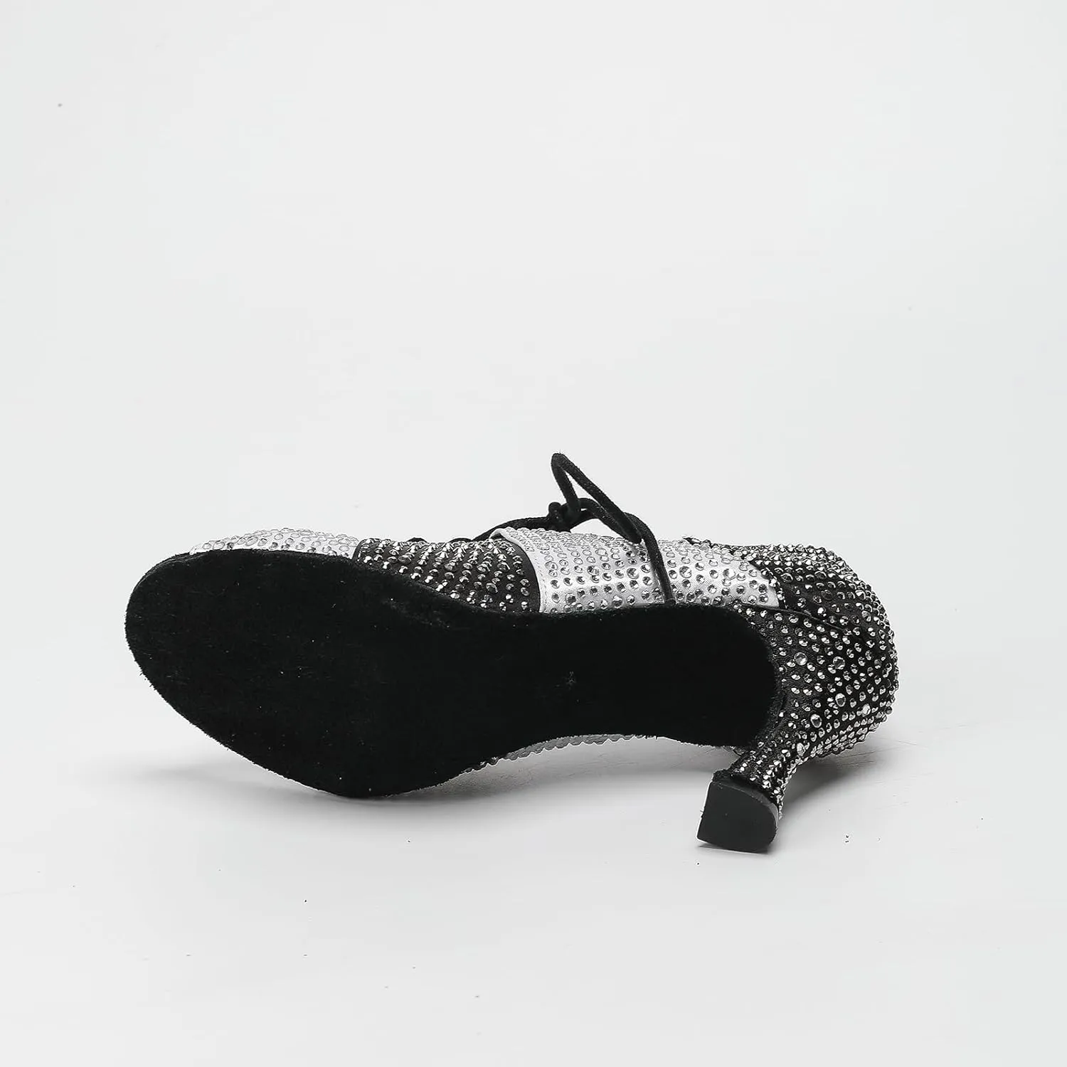 Women Ballroom Dance Shoes Fashion Diamond-Studded High Heel Lace-Up Practice Performance Shoes Black&White