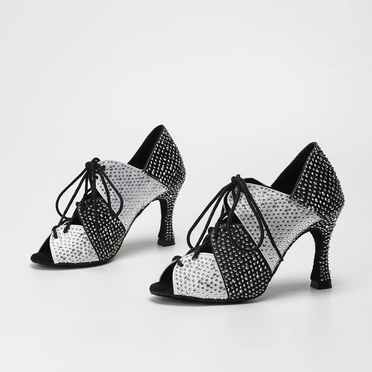 Women Ballroom Dance Shoes Fashion Diamond-Studded High Heel Lace-Up Practice Performance Shoes Black&White