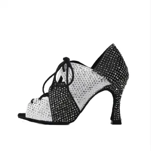 Women Ballroom Dance Shoes Fashion Diamond-Studded High Heel Lace-Up Practice Performance Shoes Black&White