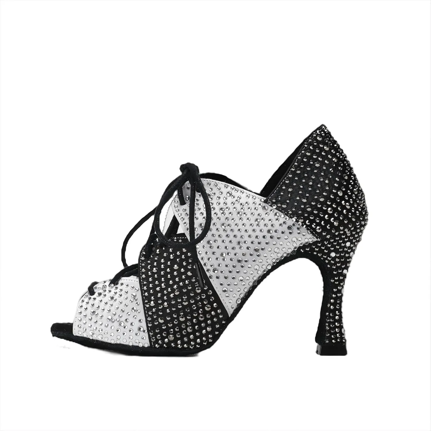 Women Ballroom Dance Shoes Fashion Diamond-Studded High Heel Lace-Up Practice Performance Shoes Black&White
