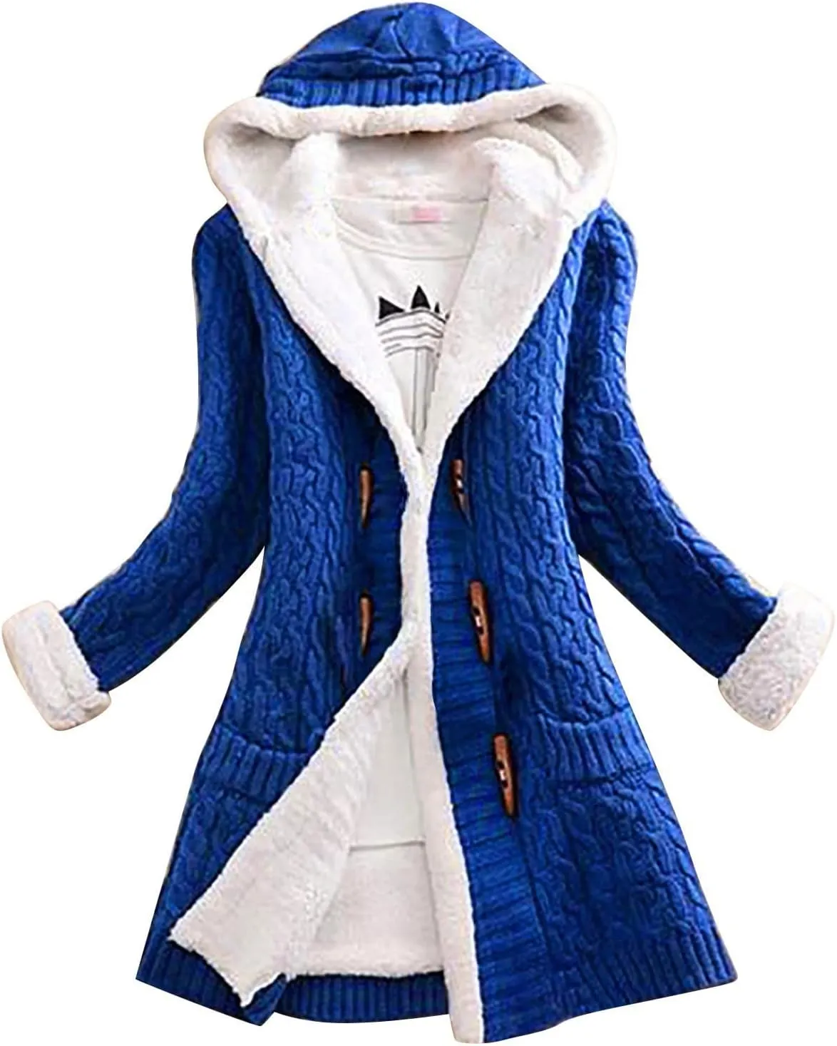 Women Casual Knit Button Long Sleeve Thick Warm Hooded Cardigan Coat Loose Long Sleeve Knit Lightweight Cardigans