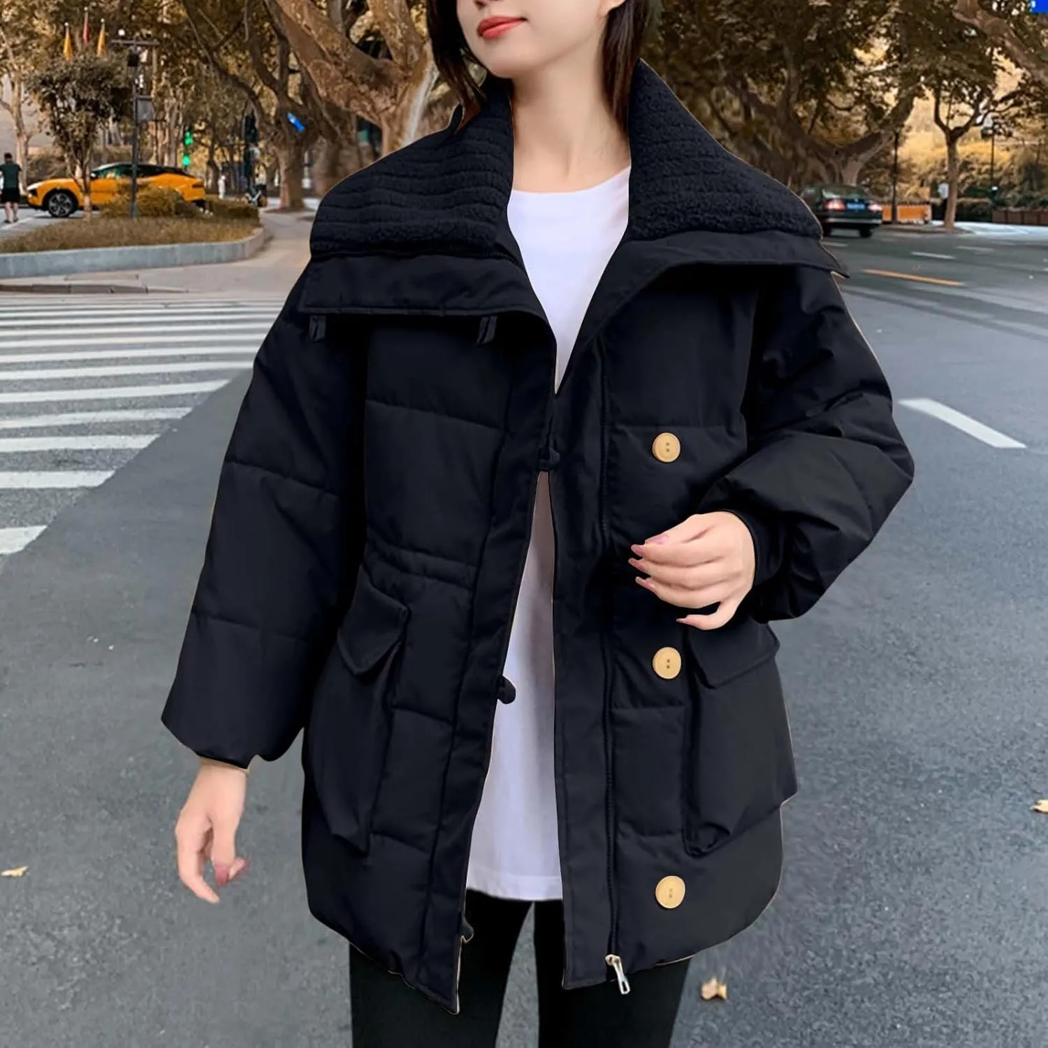 Women Down Jackets Winter Warm Trendy Solid Color Button Plush Lapel Loose Casual Thick Cotton Coat Parkas Jacket