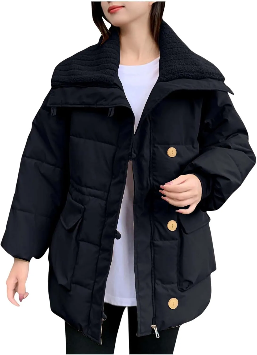 Women Down Jackets Winter Warm Trendy Solid Color Button Plush Lapel Loose Casual Thick Cotton Coat Parkas Jacket