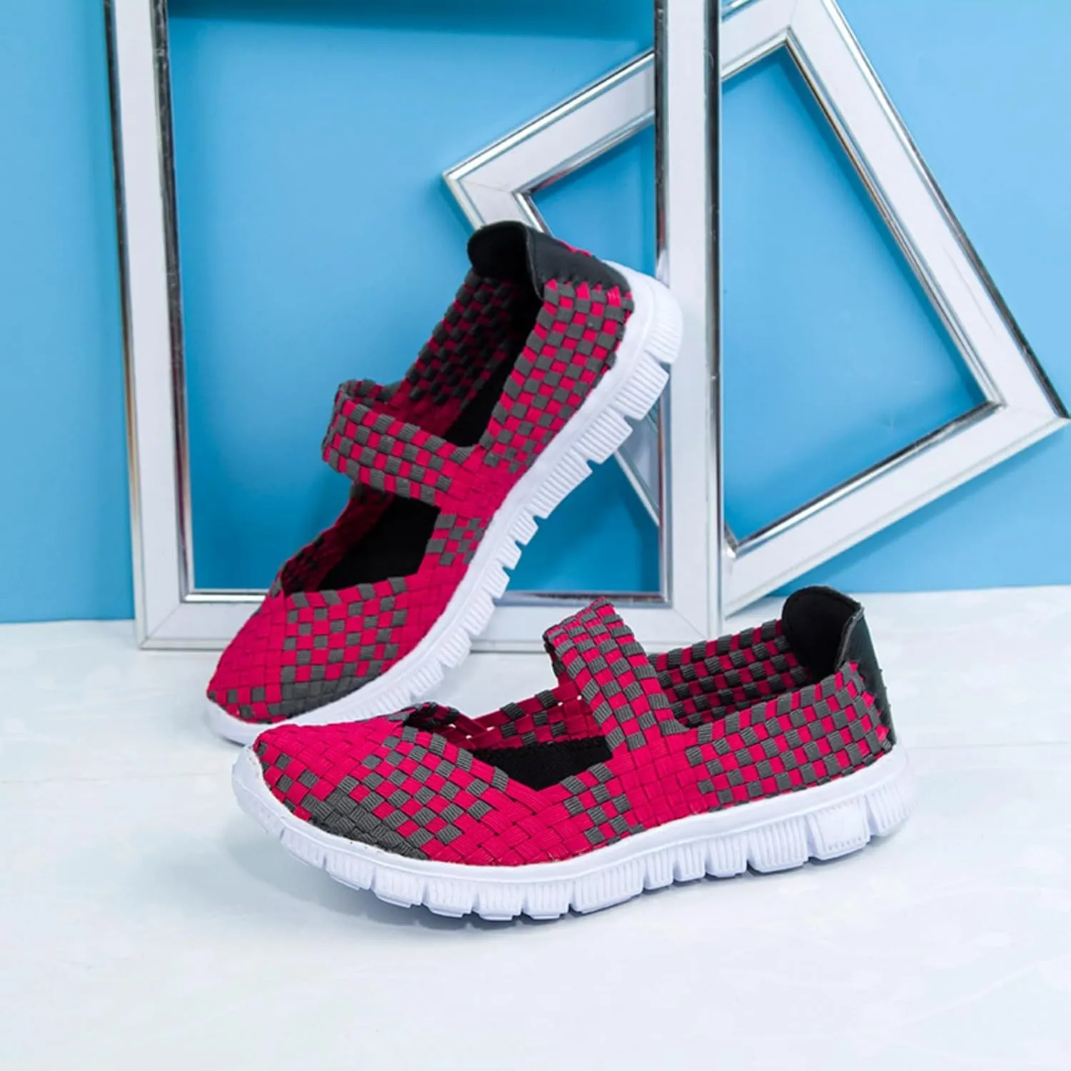 Women Elastic Woven Walking Shoes Lightweight Breathable Mary Jane Nurse Shoes Comfy Casual Non Slip Lightweight Sneakers Flats Sandals Indoor Outdoor