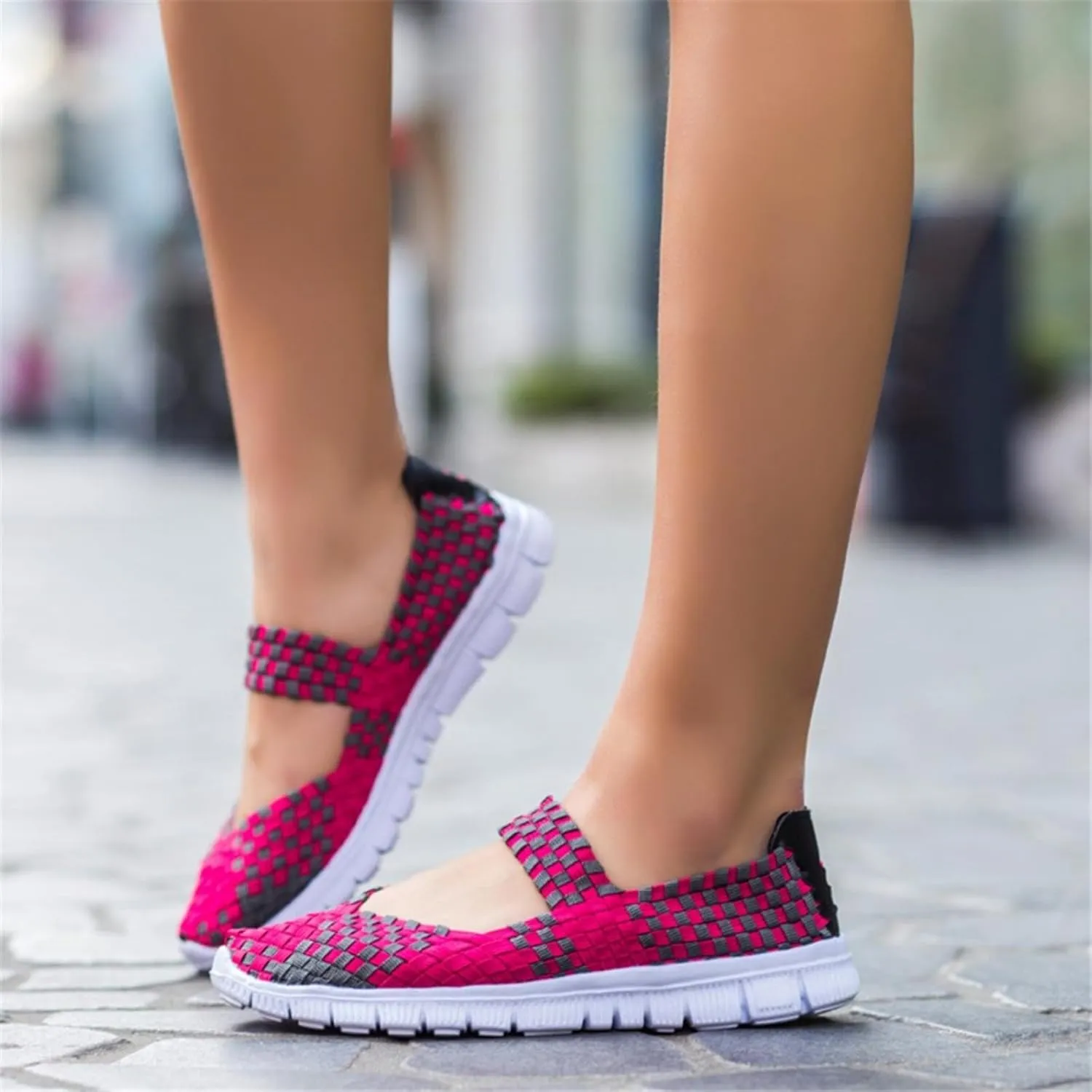 Women Elastic Woven Walking Shoes Lightweight Breathable Mary Jane Nurse Shoes Comfy Casual Non Slip Lightweight Sneakers Flats Sandals Indoor Outdoor