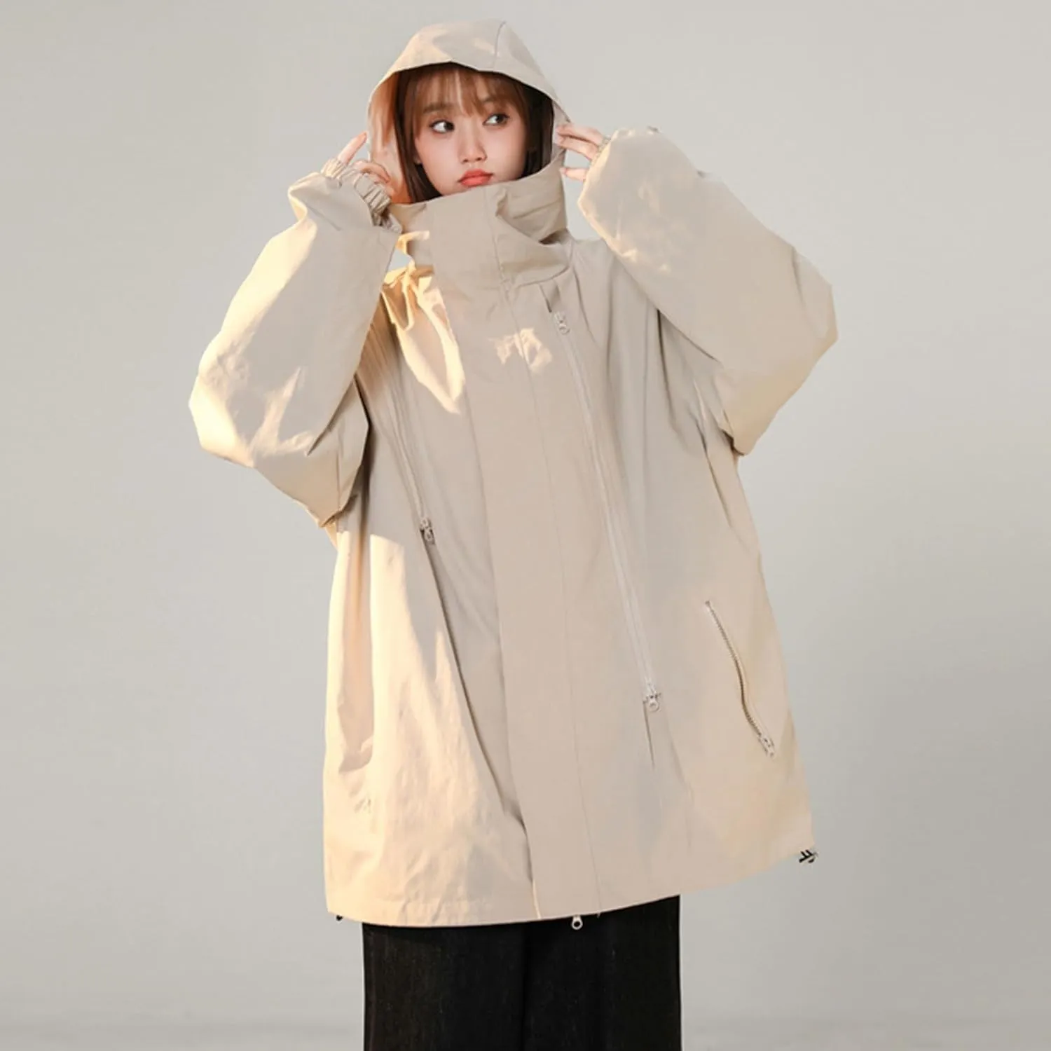 Women Fashion Oversized Waterproof Rain Jackets Full Zip Up Lightweight Detachable Hood Raincoat Outdoor Windbreaker