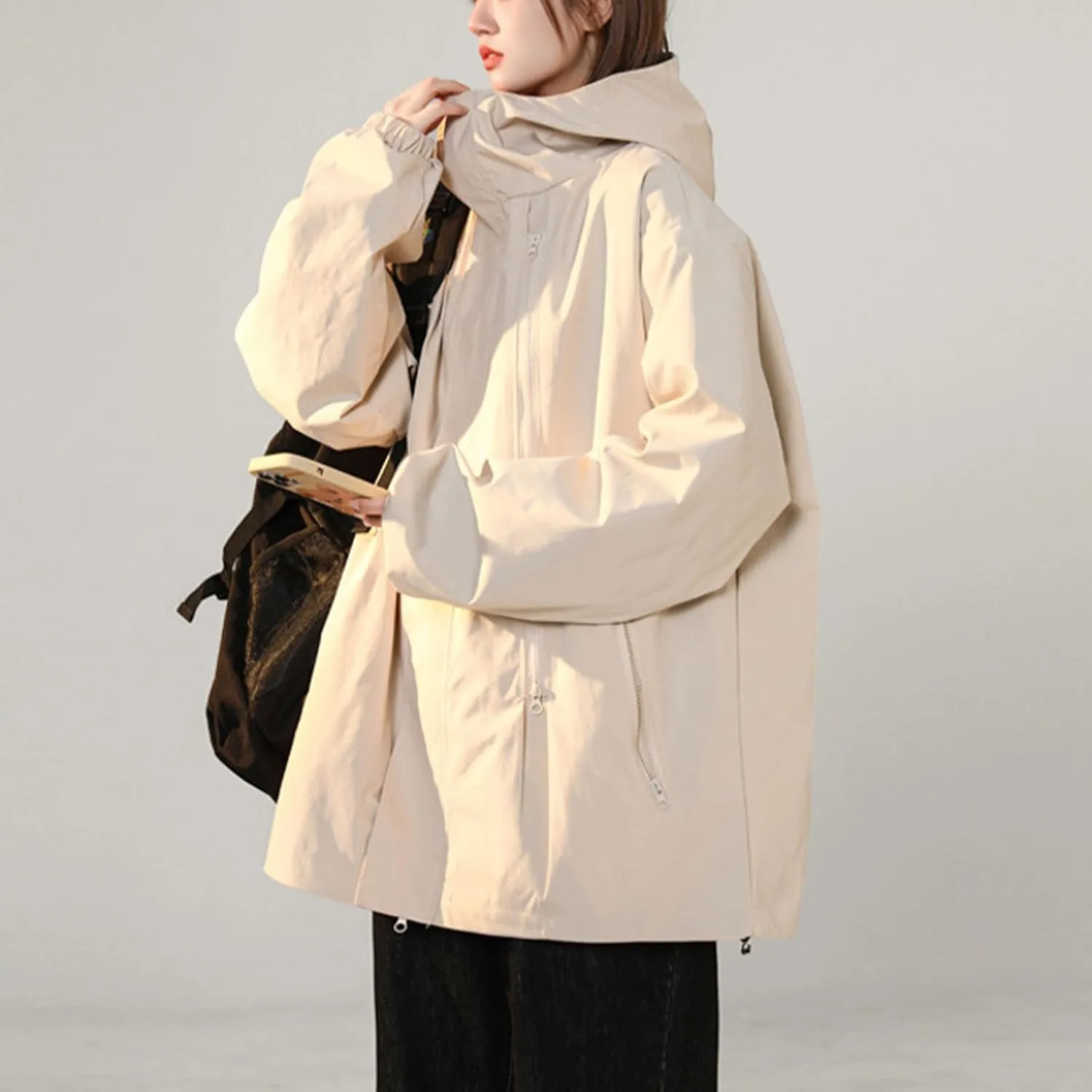Women Fashion Oversized Waterproof Rain Jackets Full Zip Up Lightweight Detachable Hood Raincoat Outdoor Windbreaker