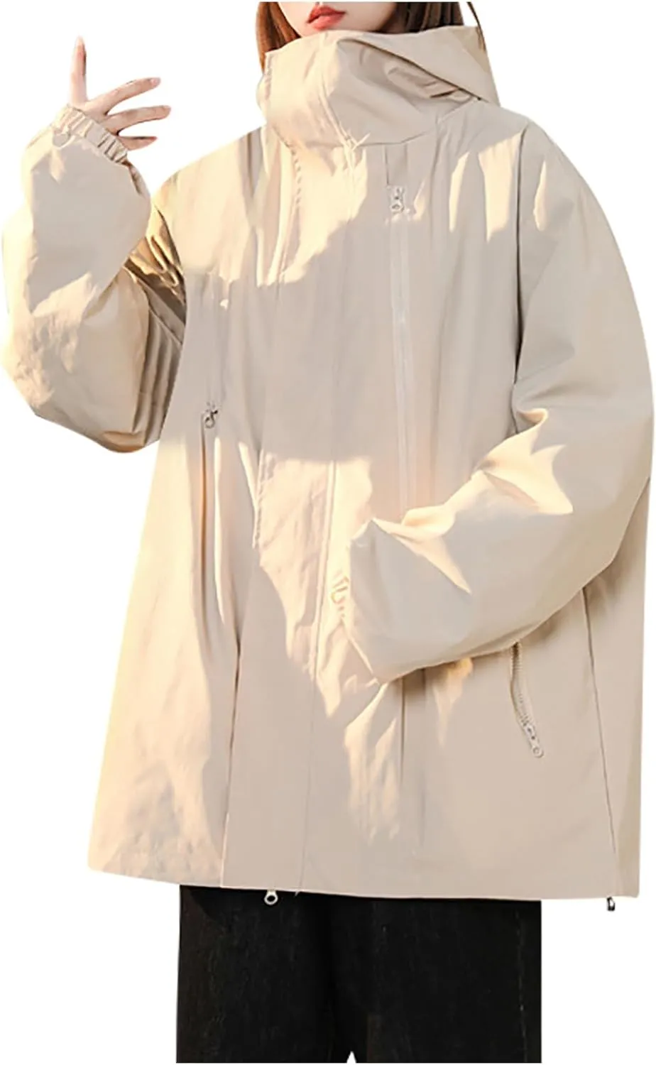 Women Fashion Oversized Waterproof Rain Jackets Full Zip Up Lightweight Detachable Hood Raincoat Outdoor Windbreaker