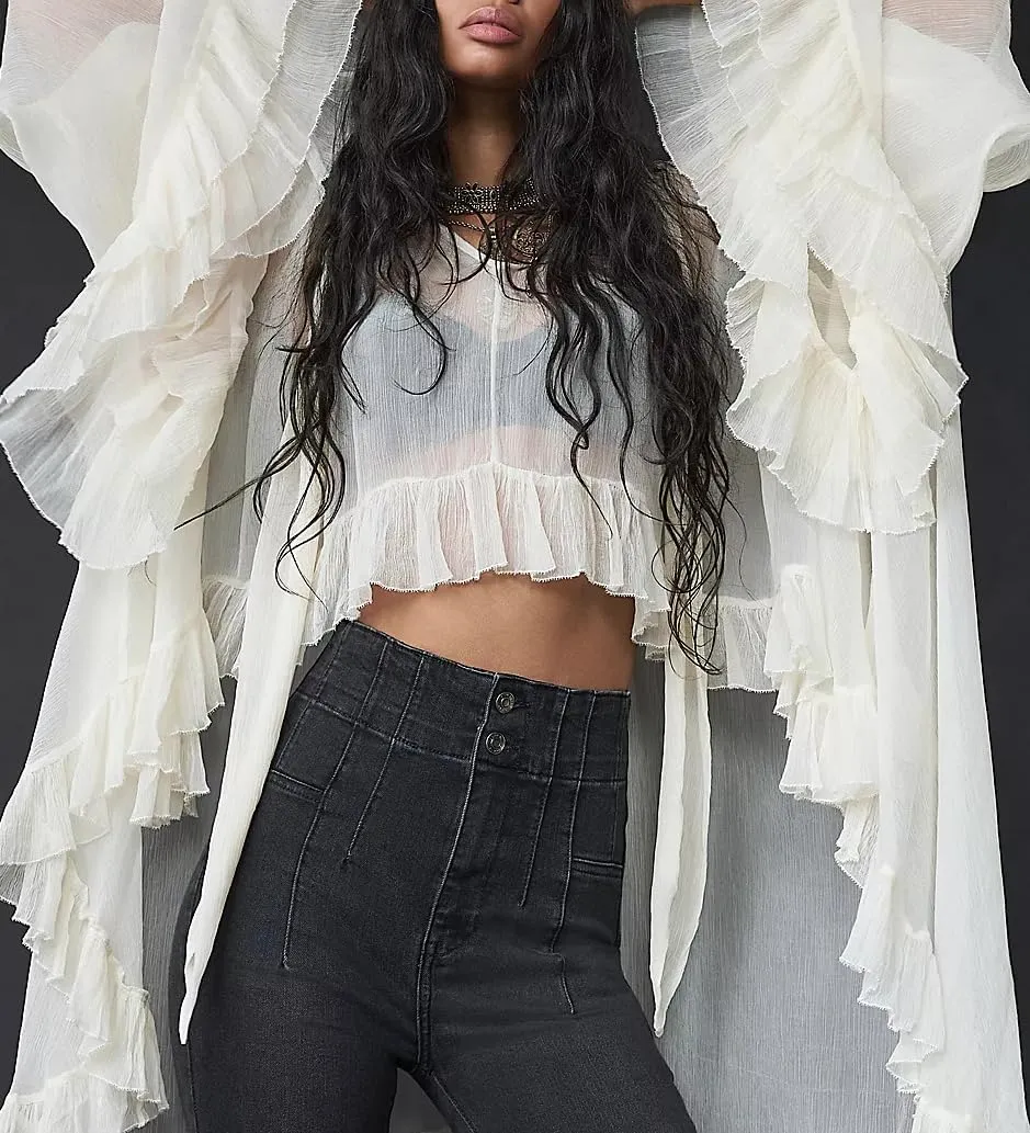 Women Full Sleeve Frill Tops Sexy See Through Sheer Ruffle Trim Blouse Top Self Tie Neck Shawl Shirts Tops