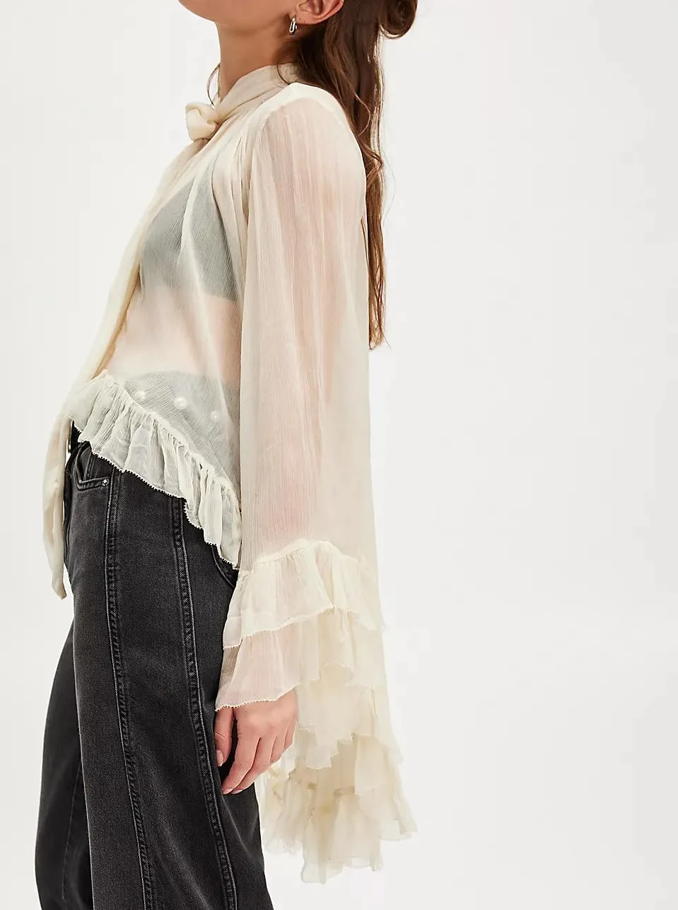 Women Full Sleeve Frill Tops Sexy See Through Sheer Ruffle Trim Blouse Top Self Tie Neck Shawl Shirts Tops