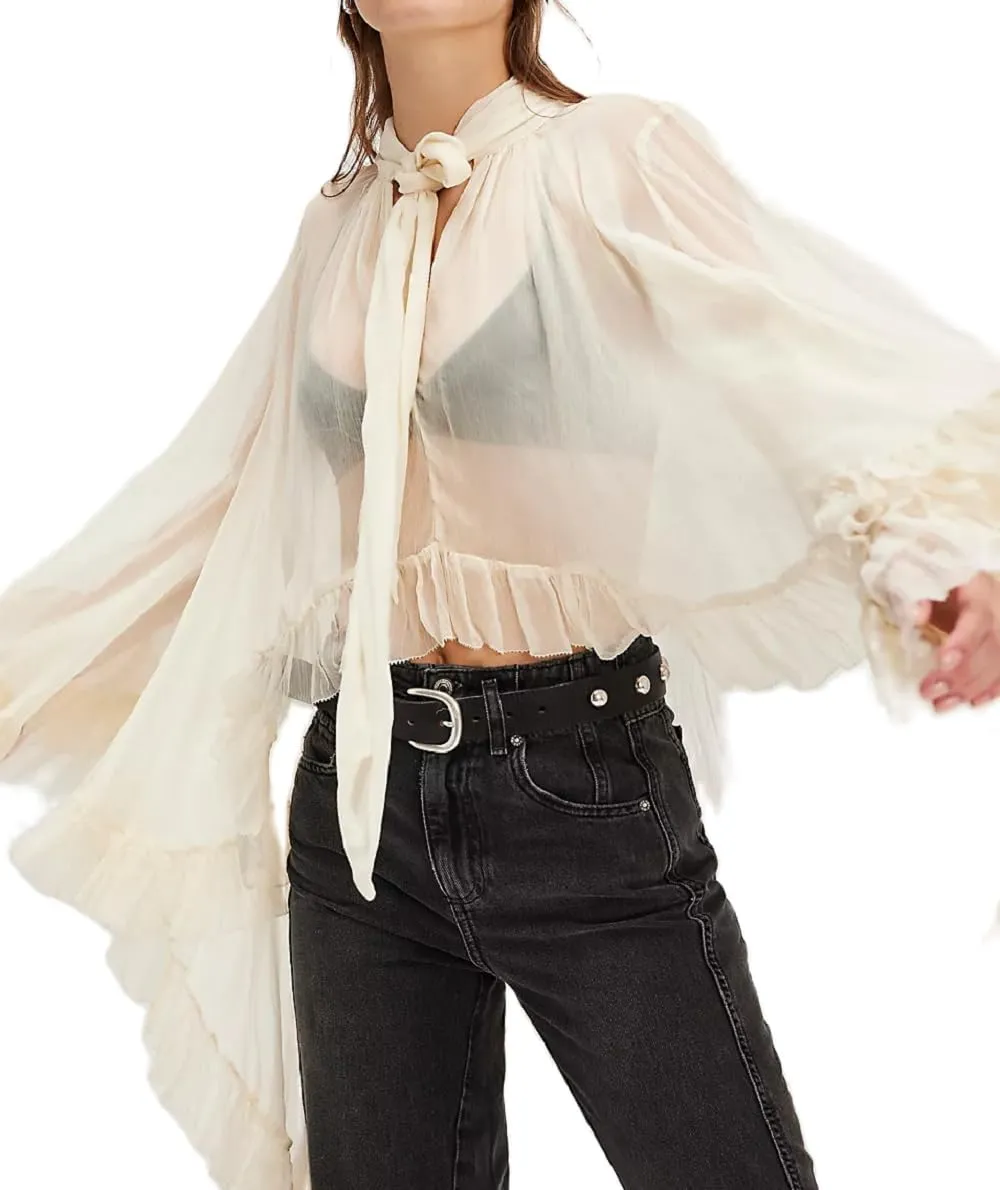 Women Full Sleeve Frill Tops Sexy See Through Sheer Ruffle Trim Blouse Top Self Tie Neck Shawl Shirts Tops