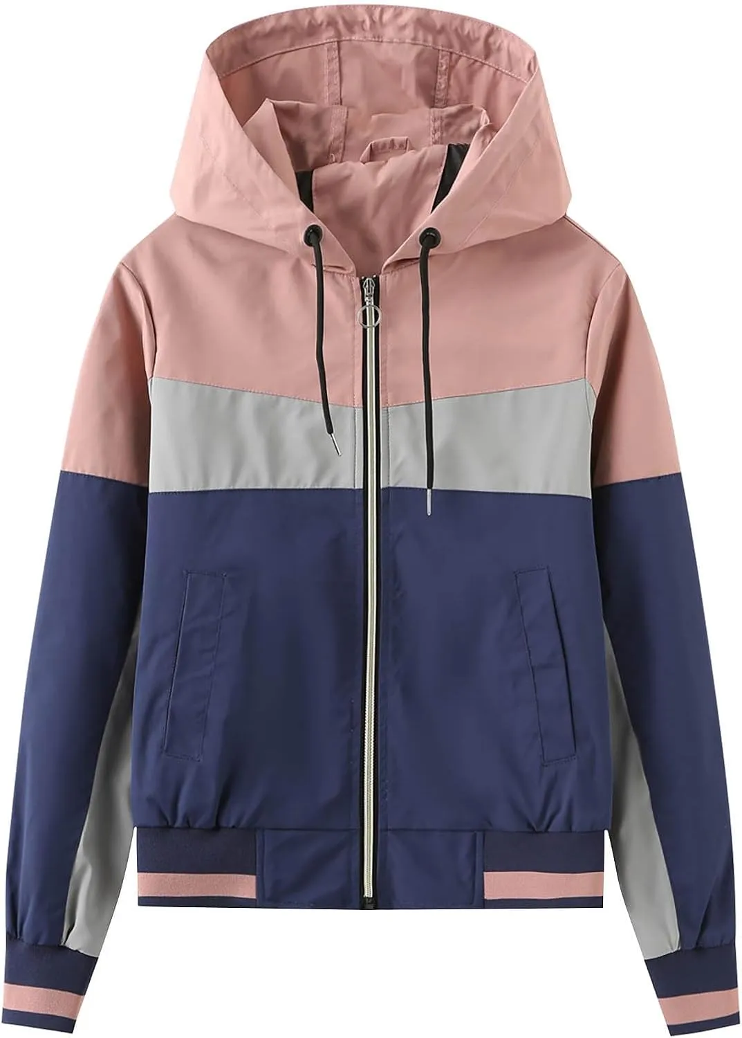 Women Lightweight Colorblock Hooded Raincoat Waterproof Packable Active Outdoor Travel Hiking Windbreaker Rain Jacket